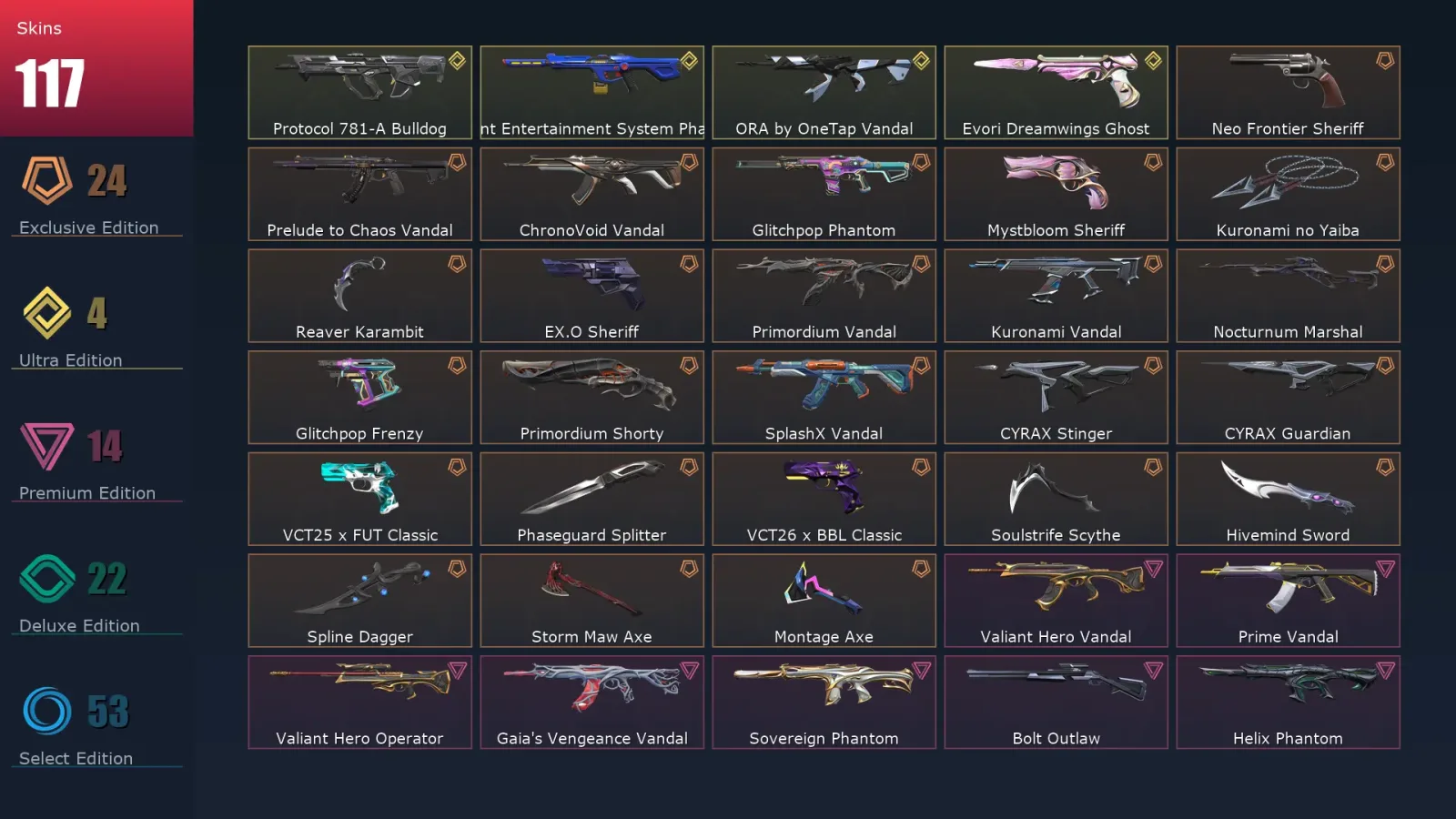 [Valorant] | EU | Level 500 | 29 Agents | 117 Skins