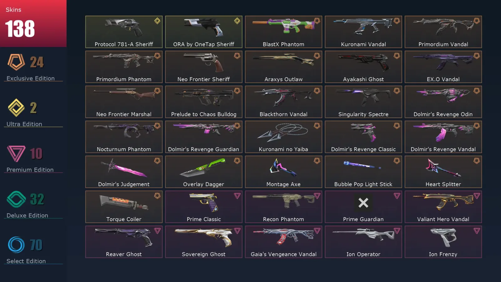 [Valorant] | EU | Level 168 | Gold 1 | 29 Agents | 138 Skins