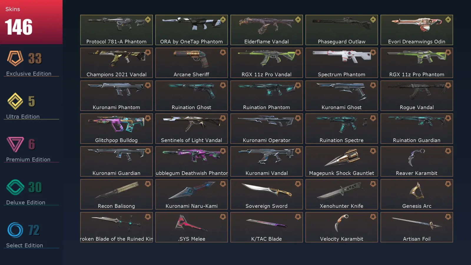 [Valorant] | EU | Level 261 | Platinum 1 | 26 Agents | 146 Skins