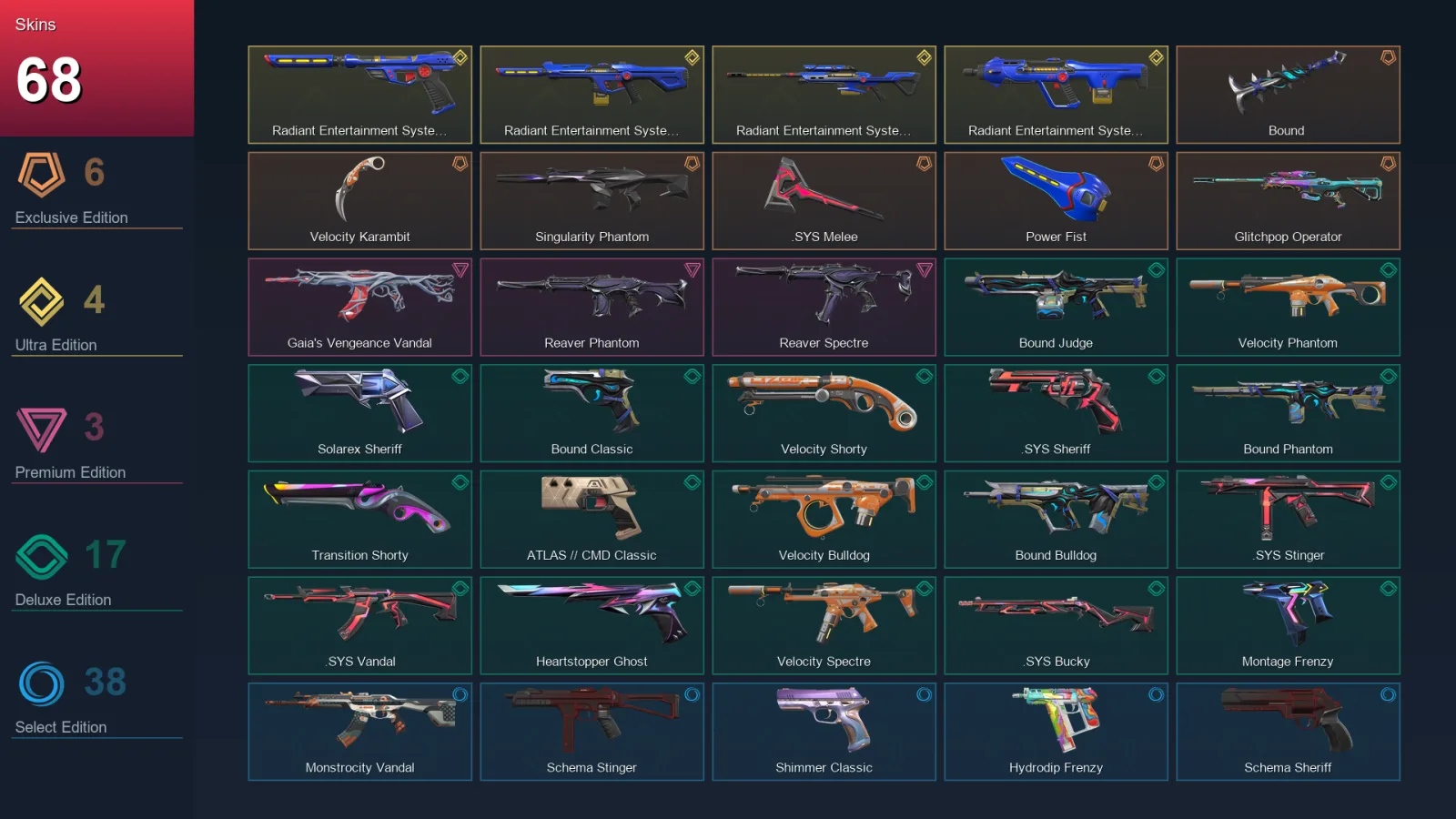 AP | Lv307 | Unranked | 68 Skin | 29 Agent | 124 Buddy
