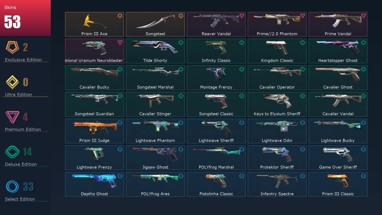 [Valorant] | EU | Level 315 | Platinum 1 | 29 Agents | 53 Skins