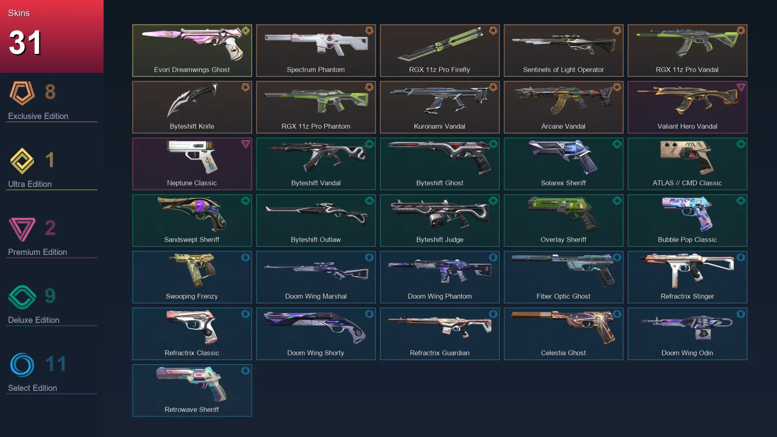 AP | Spectrum Phantom | RGX 11z Pro Firefly | Sentinels of Light Operator | RGX 11z Pro Vandal | 31 Skin | 28 Agent | 85 Buddy | Lv223