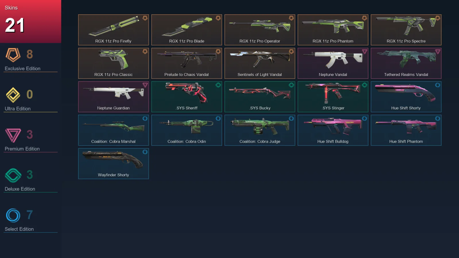 NA | RGX 11z Pro Firefly | RGX 11z Pro Blade | RGX 11z Pro Operator | RGX 11z Pro Phantom | 21 Skin | 10 Agent | 28 Buddy | Lv27