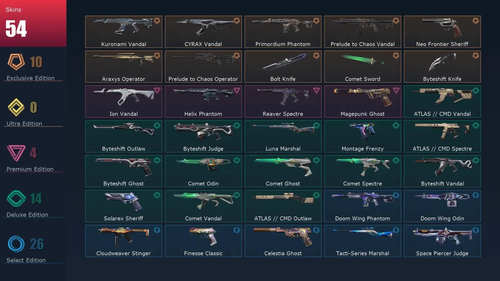 [Valorant] | EU | Level 133 | 29 Agents | 54 Skins