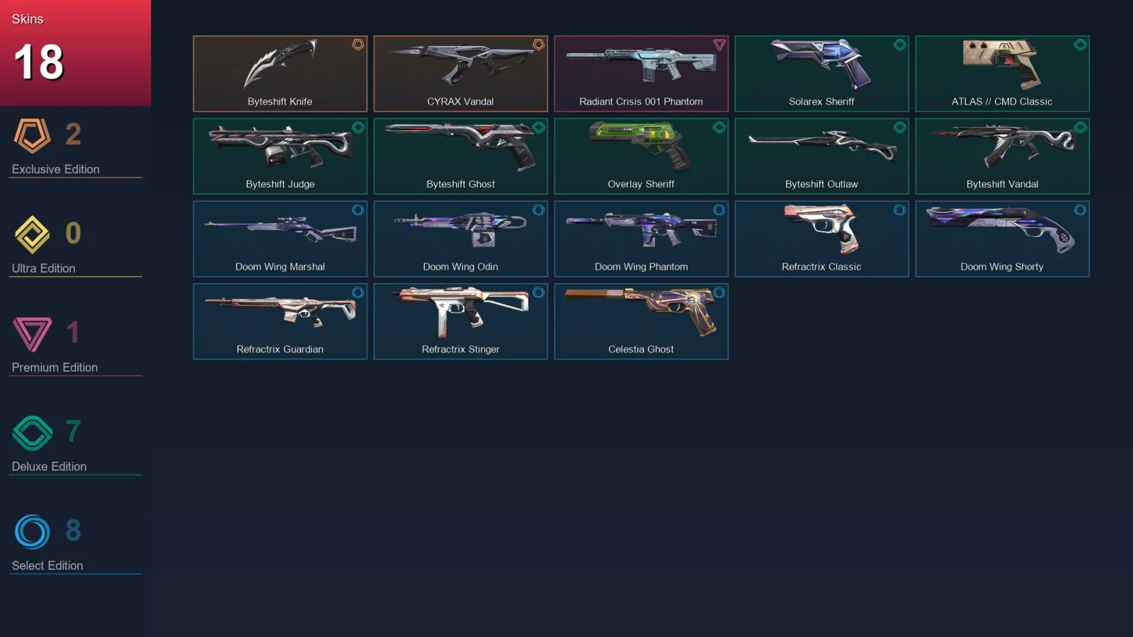 EU | Lv112 | Unranked | 18 Skin | 19 Agent | 53 Buddy — Refractrix Stinger