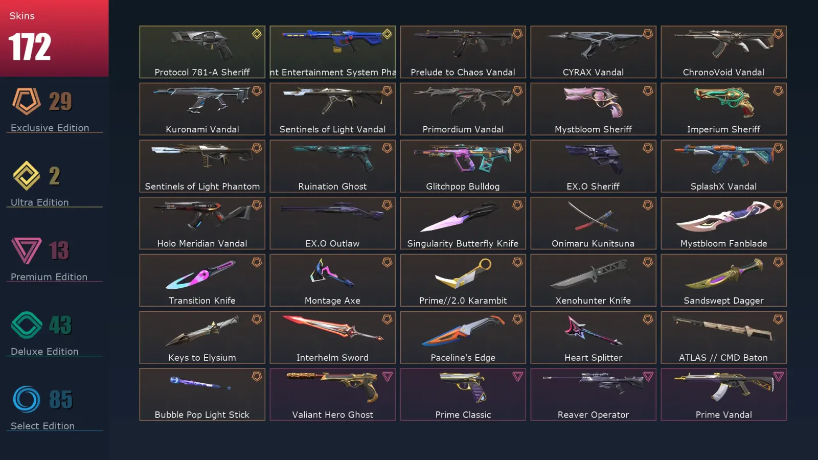 [Valorant] | EU | Level 461 | Diamond 1 | 29 Agents | 172 Skins