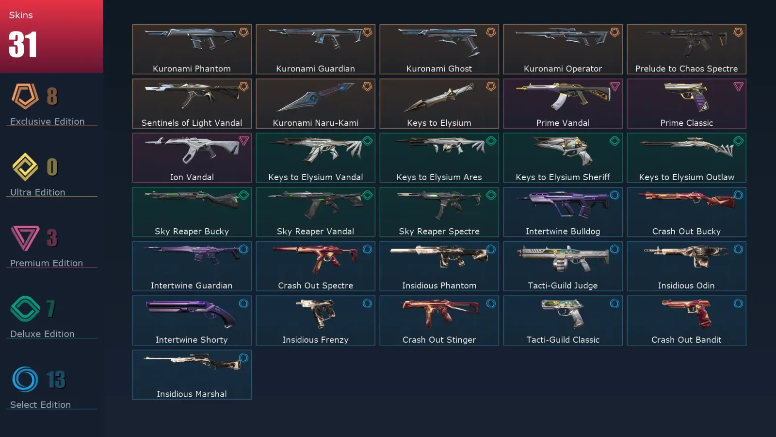 [Valorant] | EU | Level 37 | Silver 2 | 12 Agents | 31 Skins
