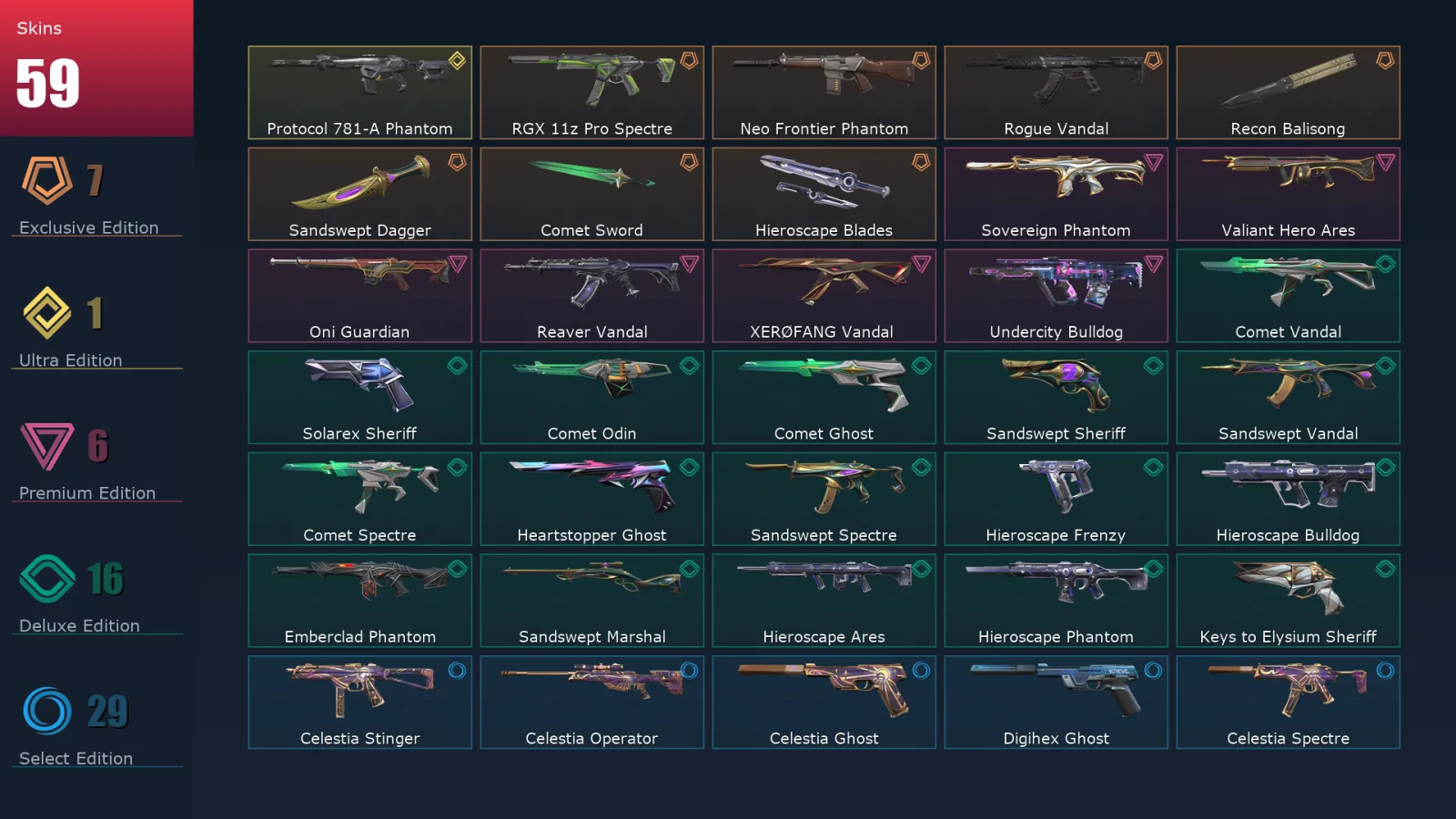 [Valorant] | EU | Level 231 | 29 Agents | 59 Skins