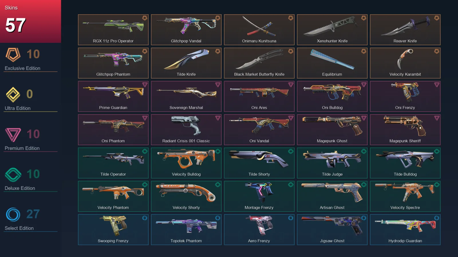 AP | Lv230 | Unranked | 57 Skin | 29 Agent | 75 Buddy
