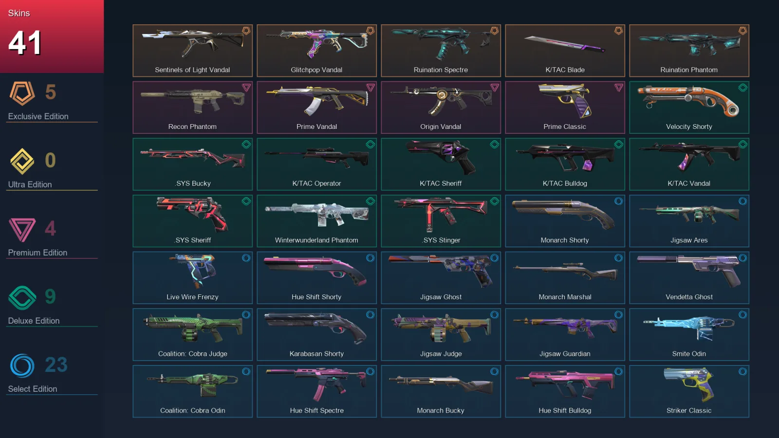 AP | Sentinels of Light Vandal | Glitchpop Vandal | Ruination Spectre | K/TAC Blade | 41 Skin | 19 Agent | 50 Buddy | Lv128