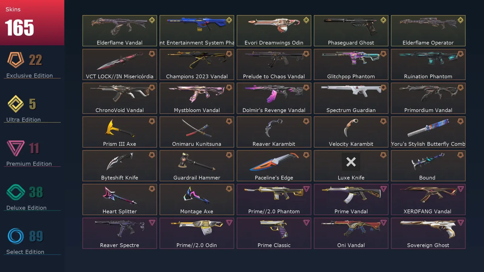 [Valorant] | EU | Level 336 | Platinum 1 | 29 Agents | 165 Skins