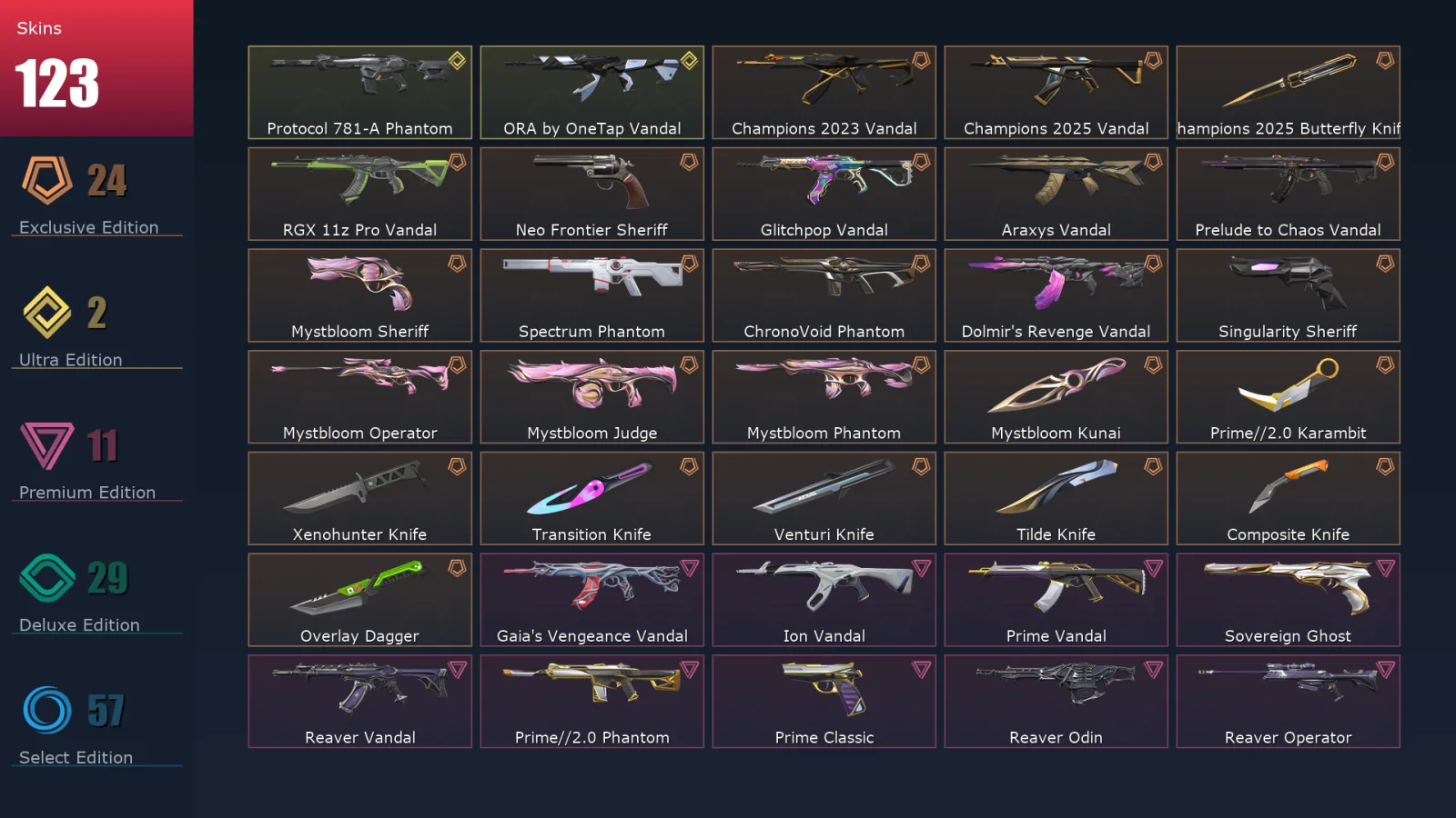 [Valorant] | EU | Level 1 | Immortal 1 | 29 Agents | 123 Skins