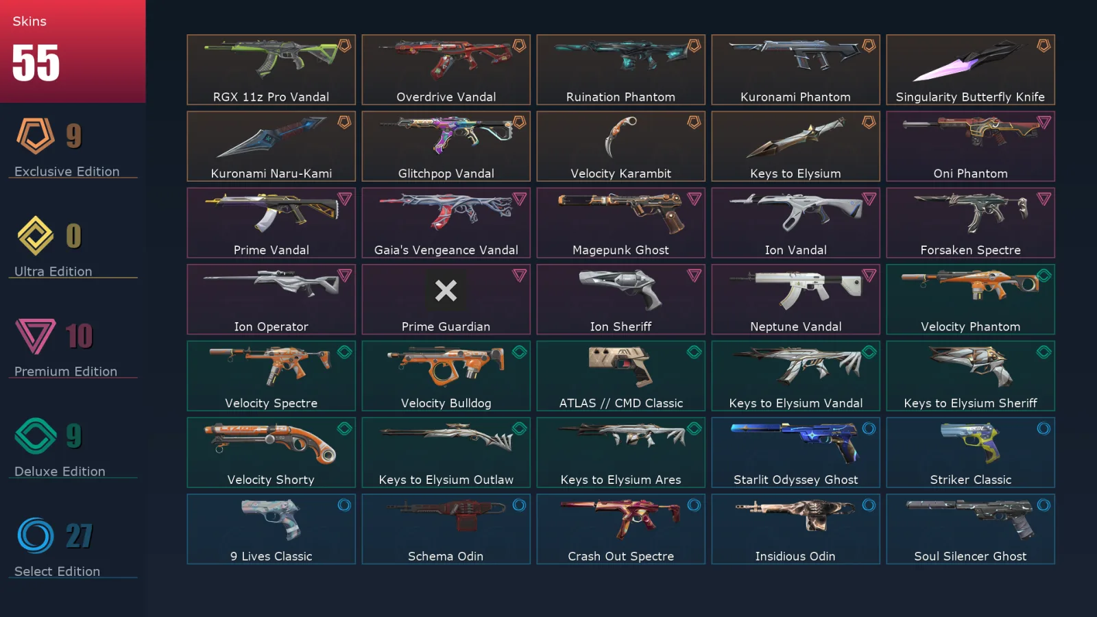 [Valorant] | EU | Level 225 | 29 Agents | 55 Skins — Valorant account