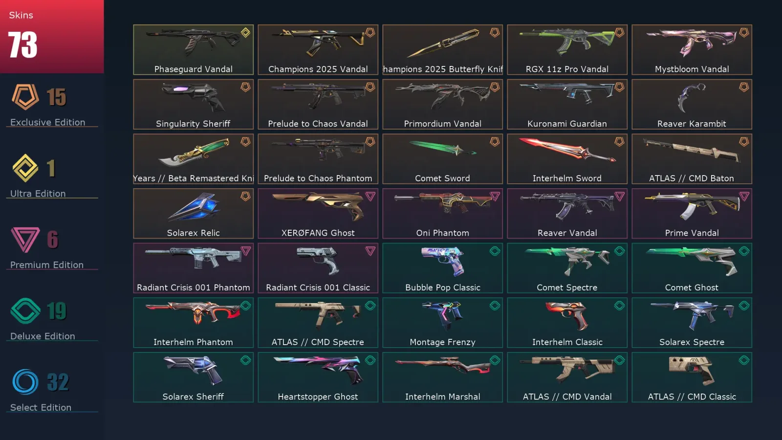 [Valorant] | EU | Level 168 | 28 Agents | 73 Skins
