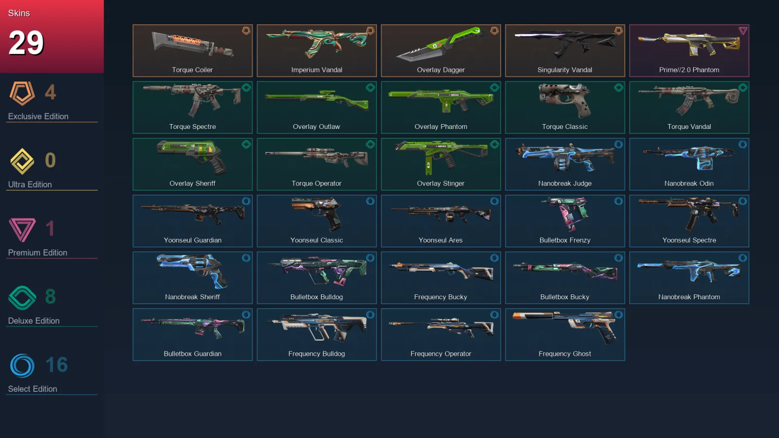 EU | Torque Coiler | Imperium Vandal | Overlay Dagger | Singularity Vandal | 29 Skin | 19 Agent | 30 Buddy | Lv69