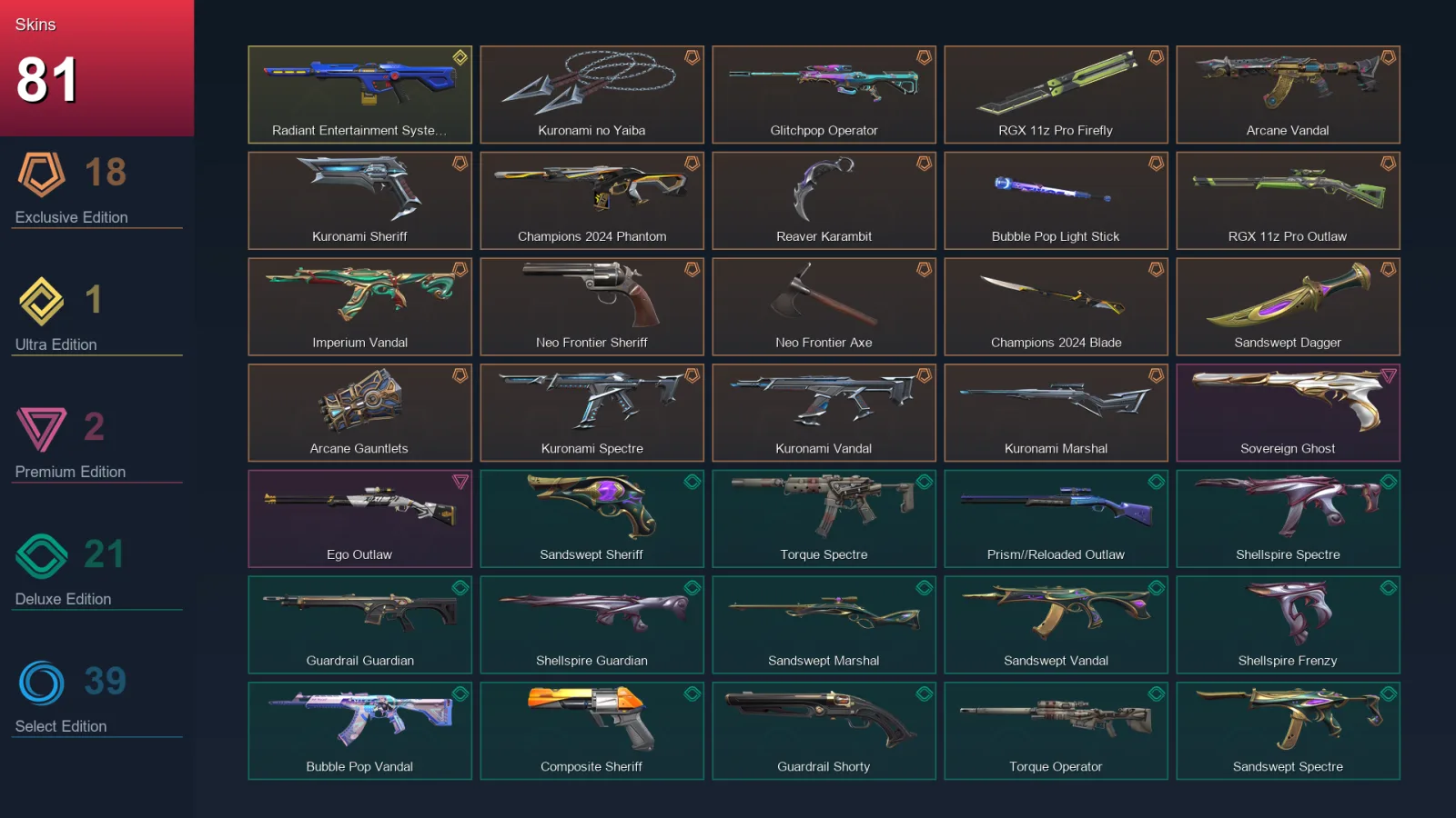 EU | Lv84 | Unranked | 81 Skin | 21 Agent | 65 Buddy