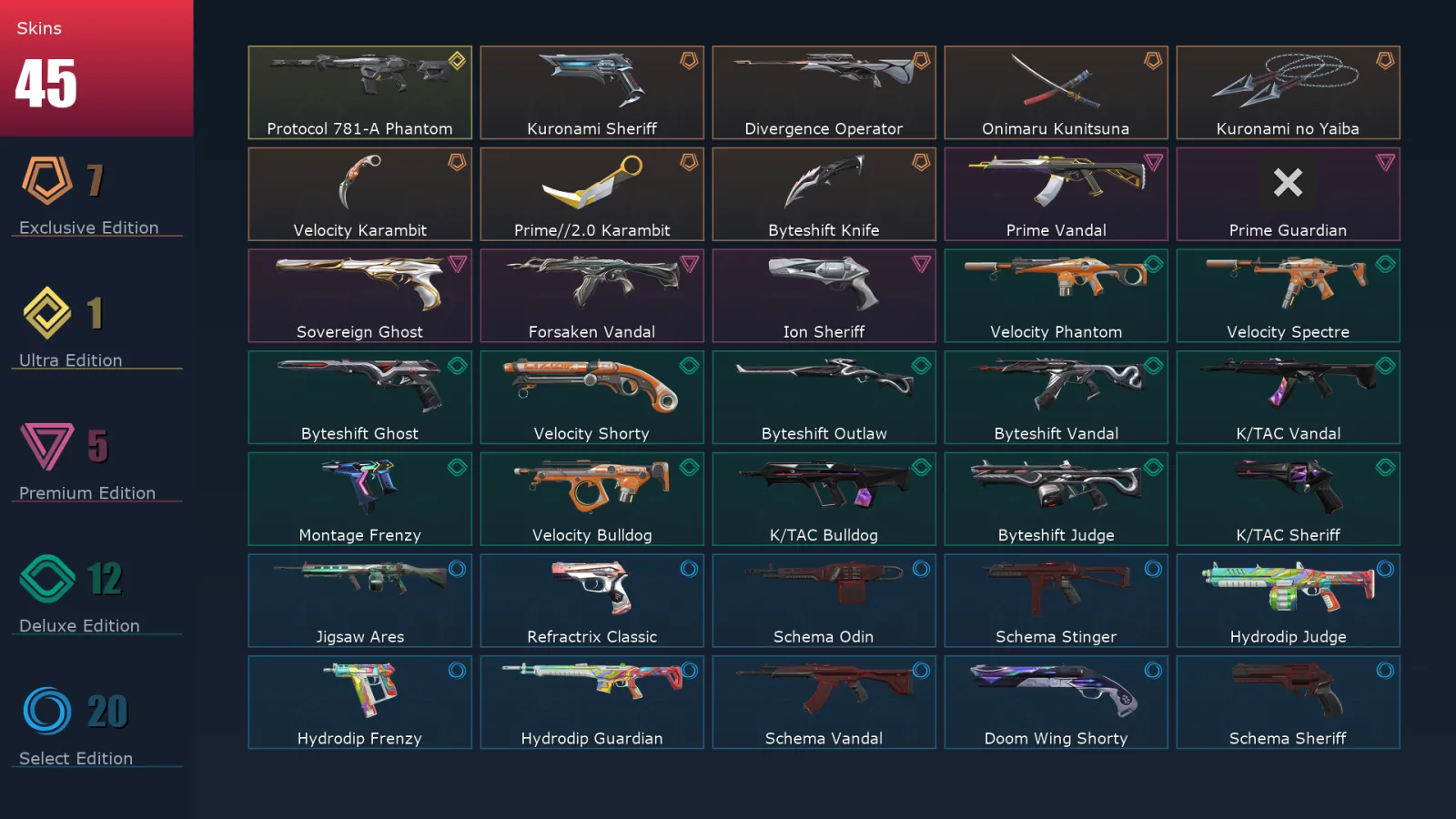 [Valorant] | EU | Level 150 | 29 Agents | 45 Skins