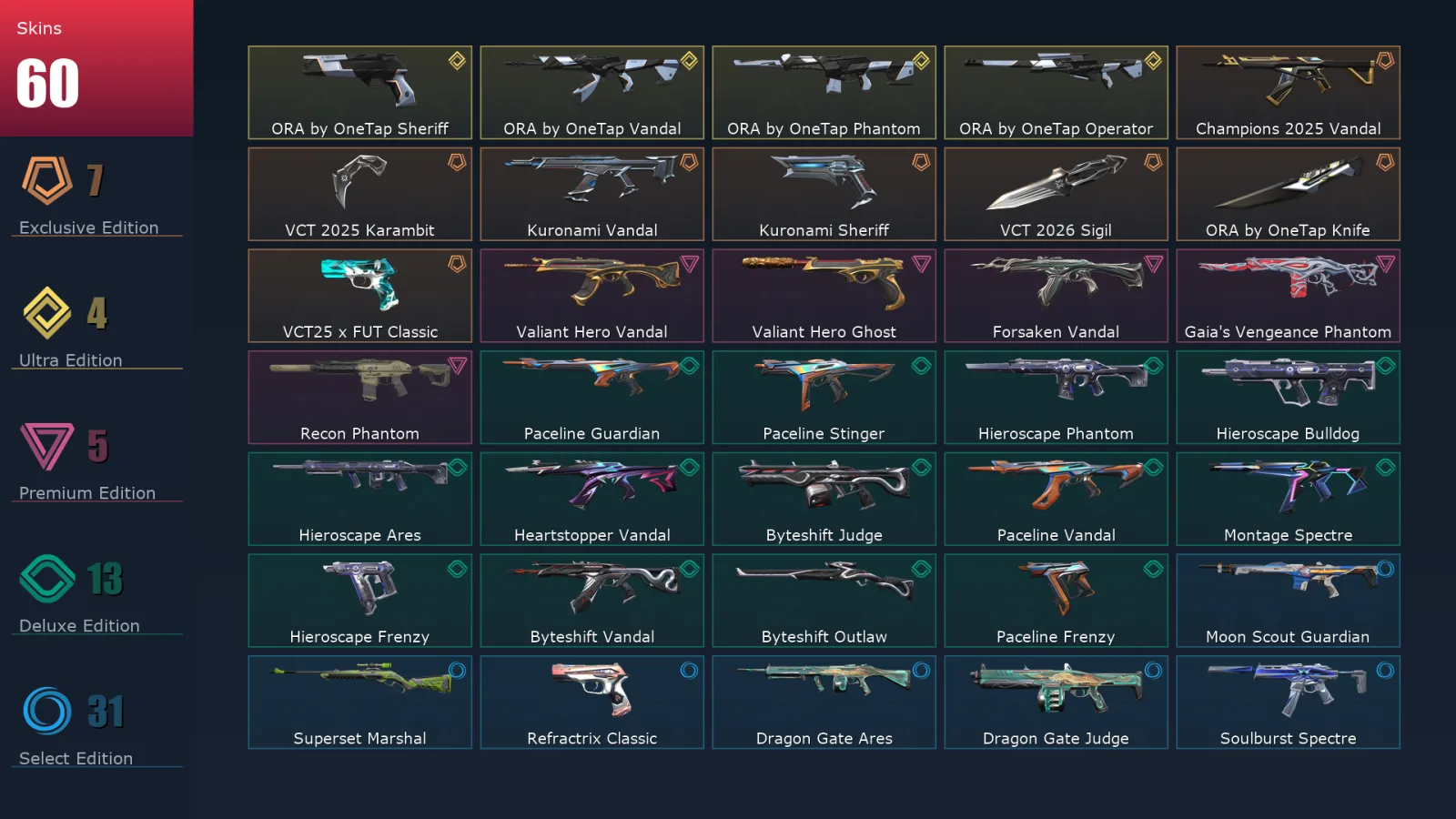 [Valorant] | EU | Level 66 | Platinum 1 | 23 Agents | 60 Skins
