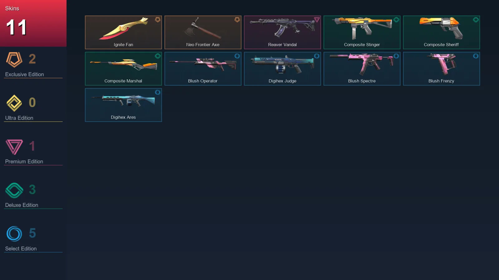 EU | Ignite Fan | Neo Frontier Axe | Reaver Vandal | Composite Stinger | 11 Skin | 11 Agent | 10 Buddy | Lv25