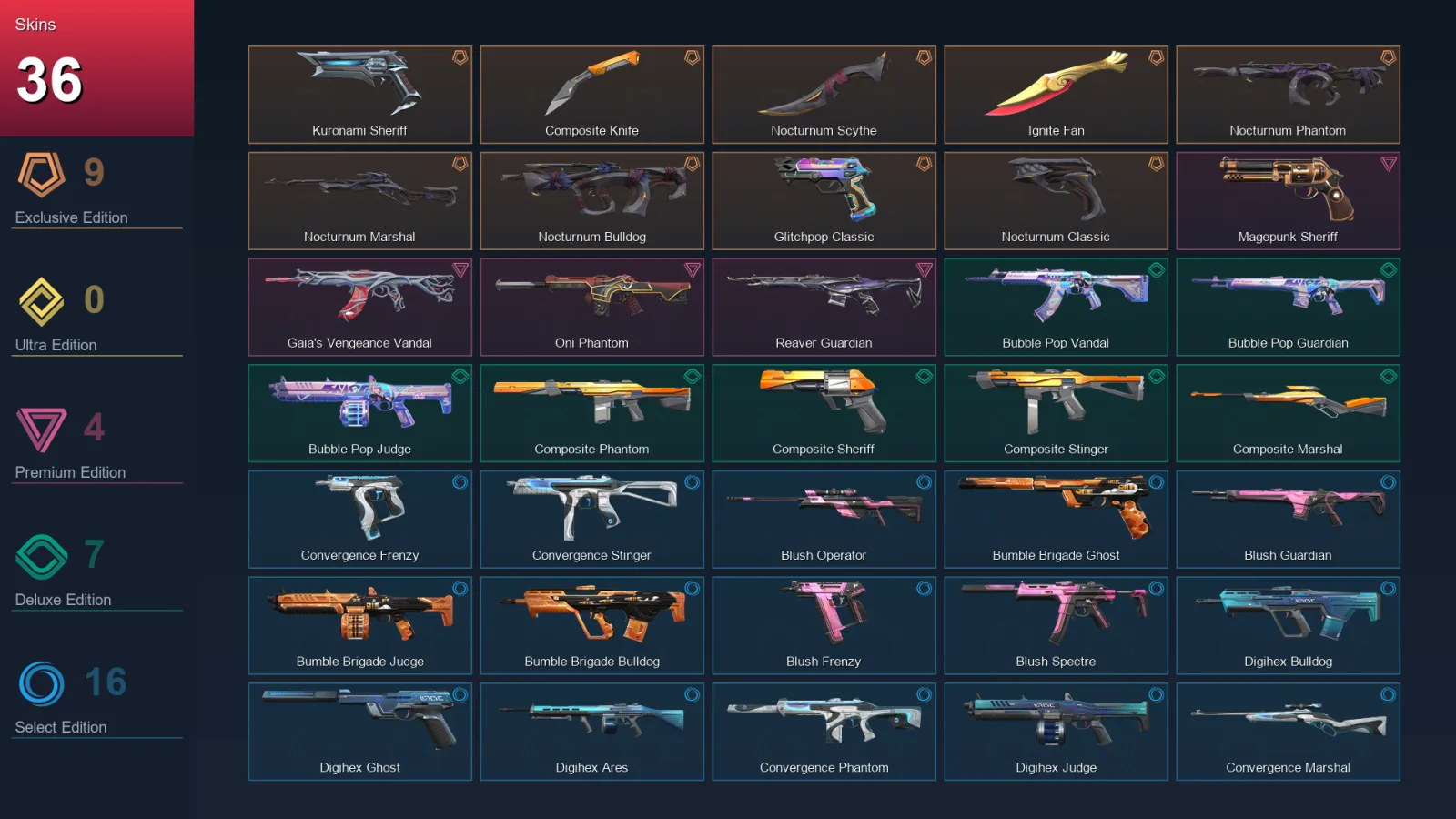 EU | Kuronami Sheriff | Composite Knife | Nocturnum Scythe | Ignite Fan | 36 Skin | 16 Agent | 34 Buddy | Lv54