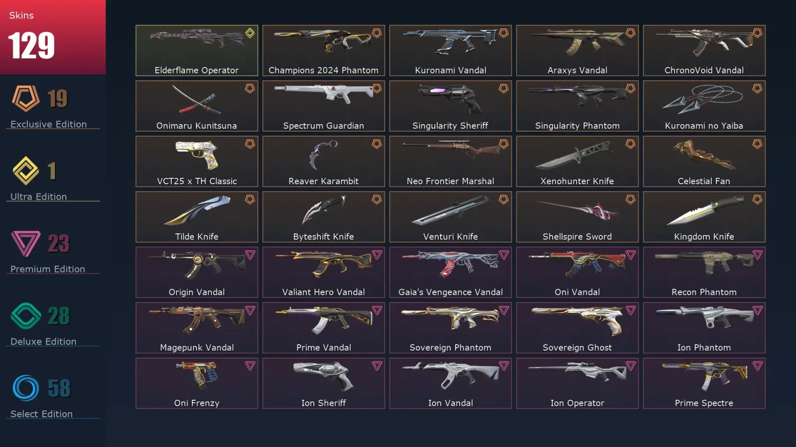 [Valorant] | EU | Level 201 | 28 Agents | 129 Skins