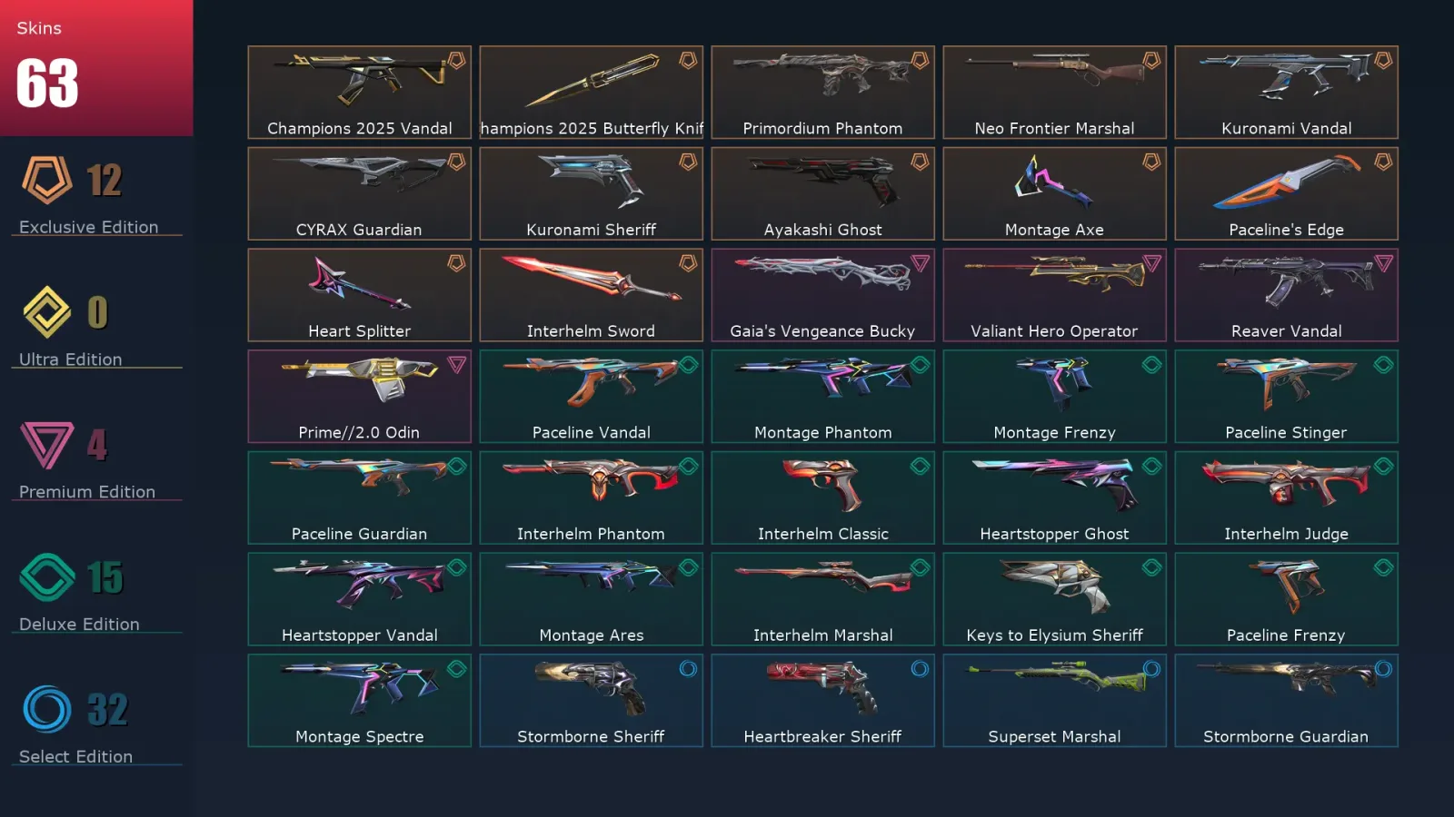 [Valorant] | EU | Level 141 | Gold 2 | 24 Agents | 63 Skins