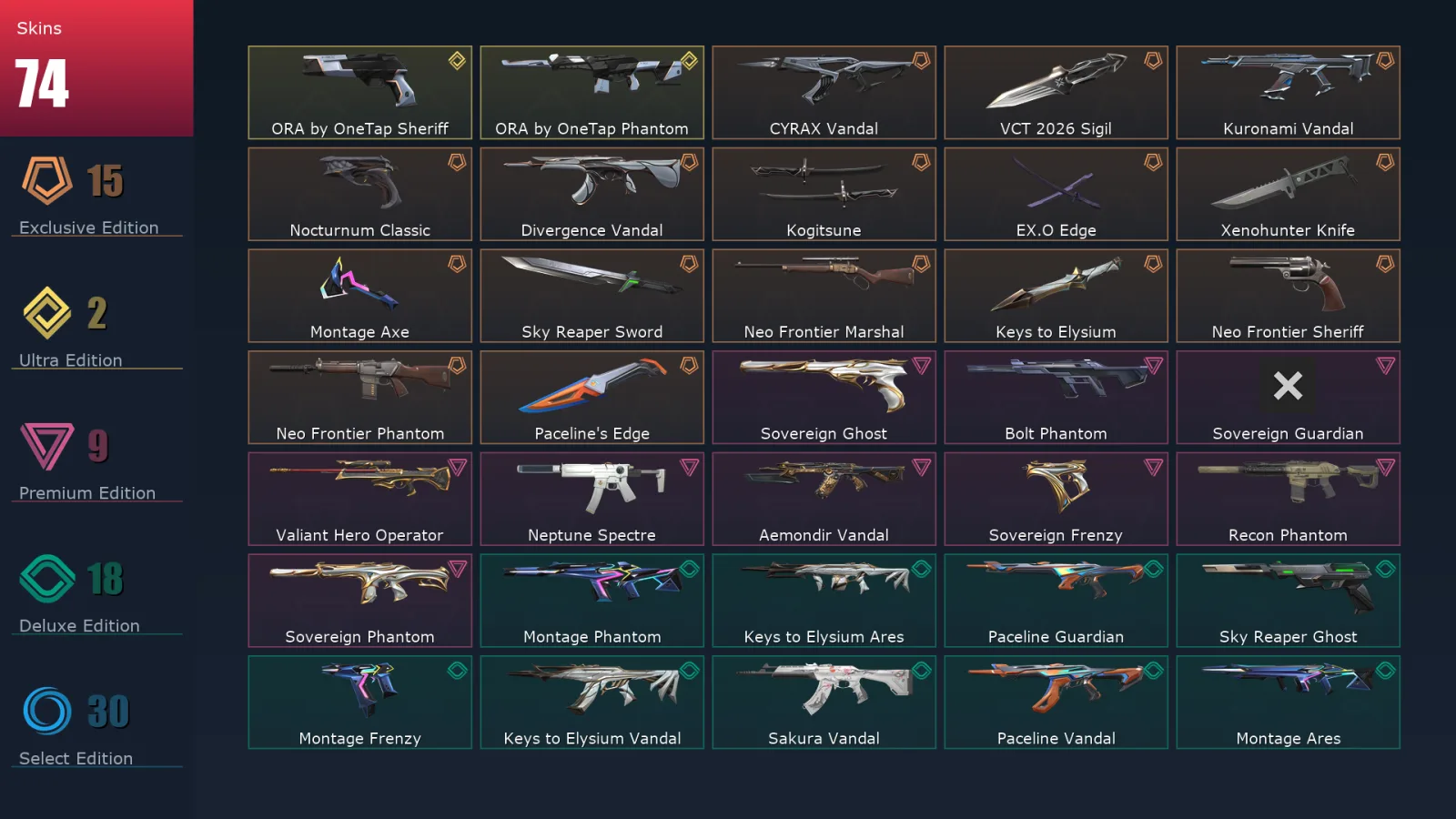 [Valorant] | EU | Level 54 | Platinum 3 | 16 Agents | 77 Skins