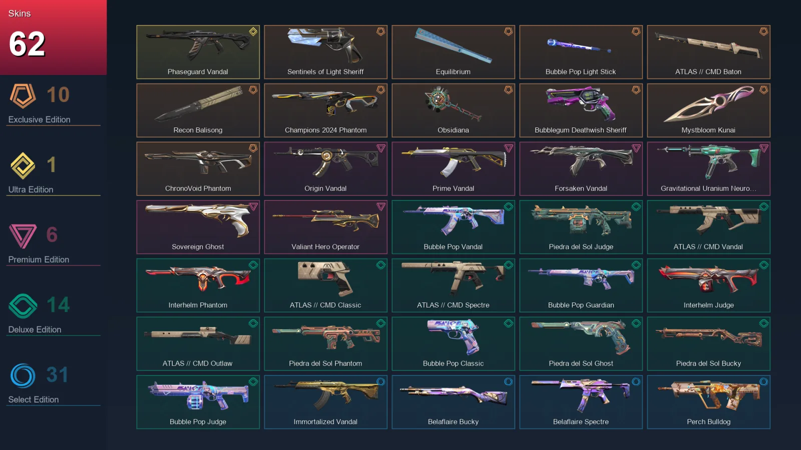 NA | Lv102 | Unranked | 62 Skin | 17 Agent | 67 Buddy