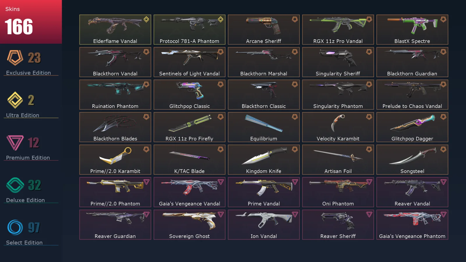[Valorant] | EU | Level 479 | Gold 1 | 29 Agents | 166 Skins