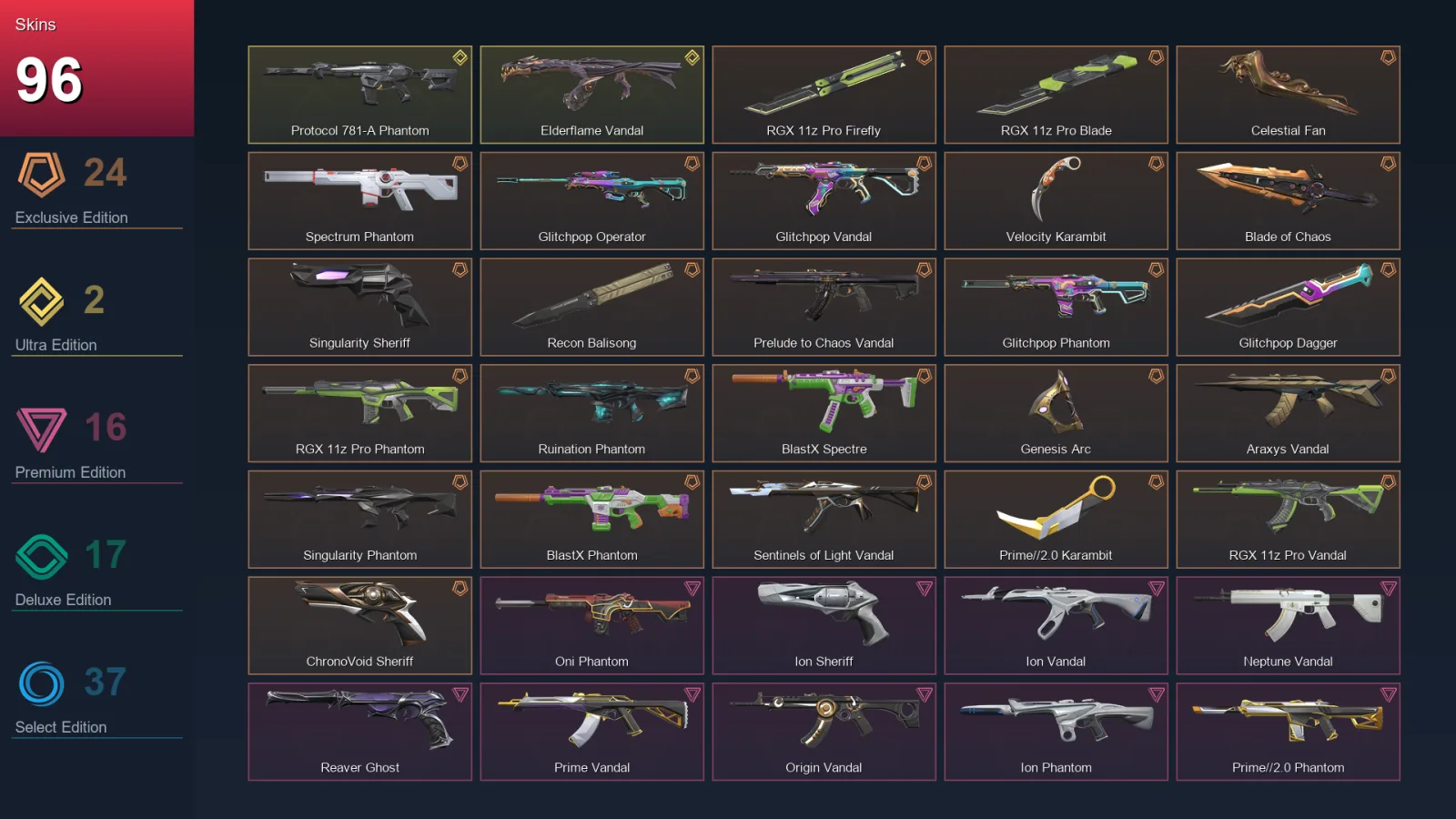 NA | RGX 11z Pro Firefly | RGX 11z Pro Blade | Celestial Fan | Spectrum Phantom | 96 Skin | 23 Agent | 63 Buddy | Lv77
