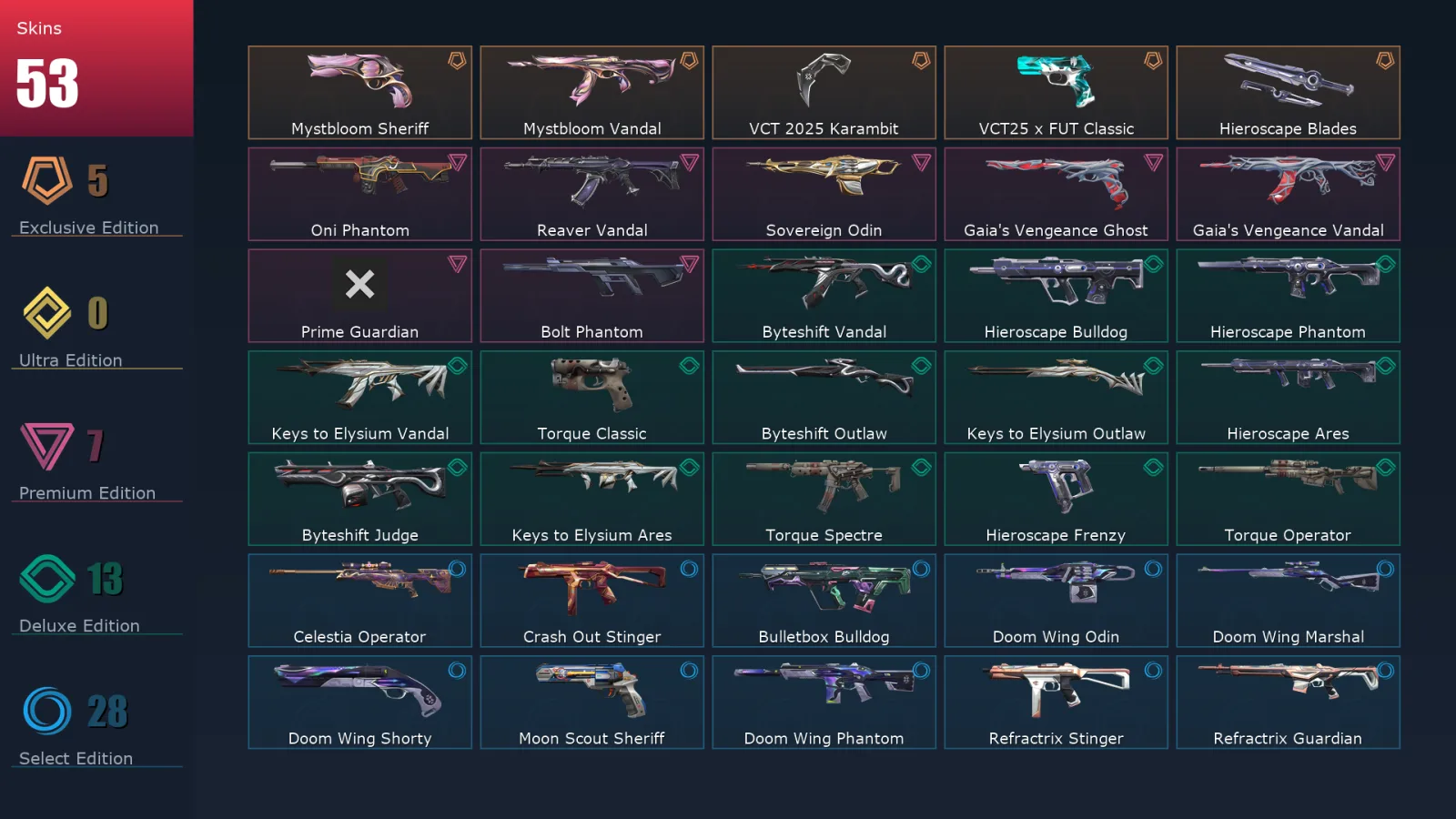 [Valorant] | EU | Level 53 | Platinum 2 | 18 Agents | 53 Skins