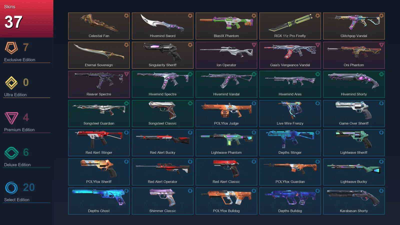 NA | Lv174 | Unranked | 37 Skin | 25 Agent | 62 Buddy — Depths Bulldog