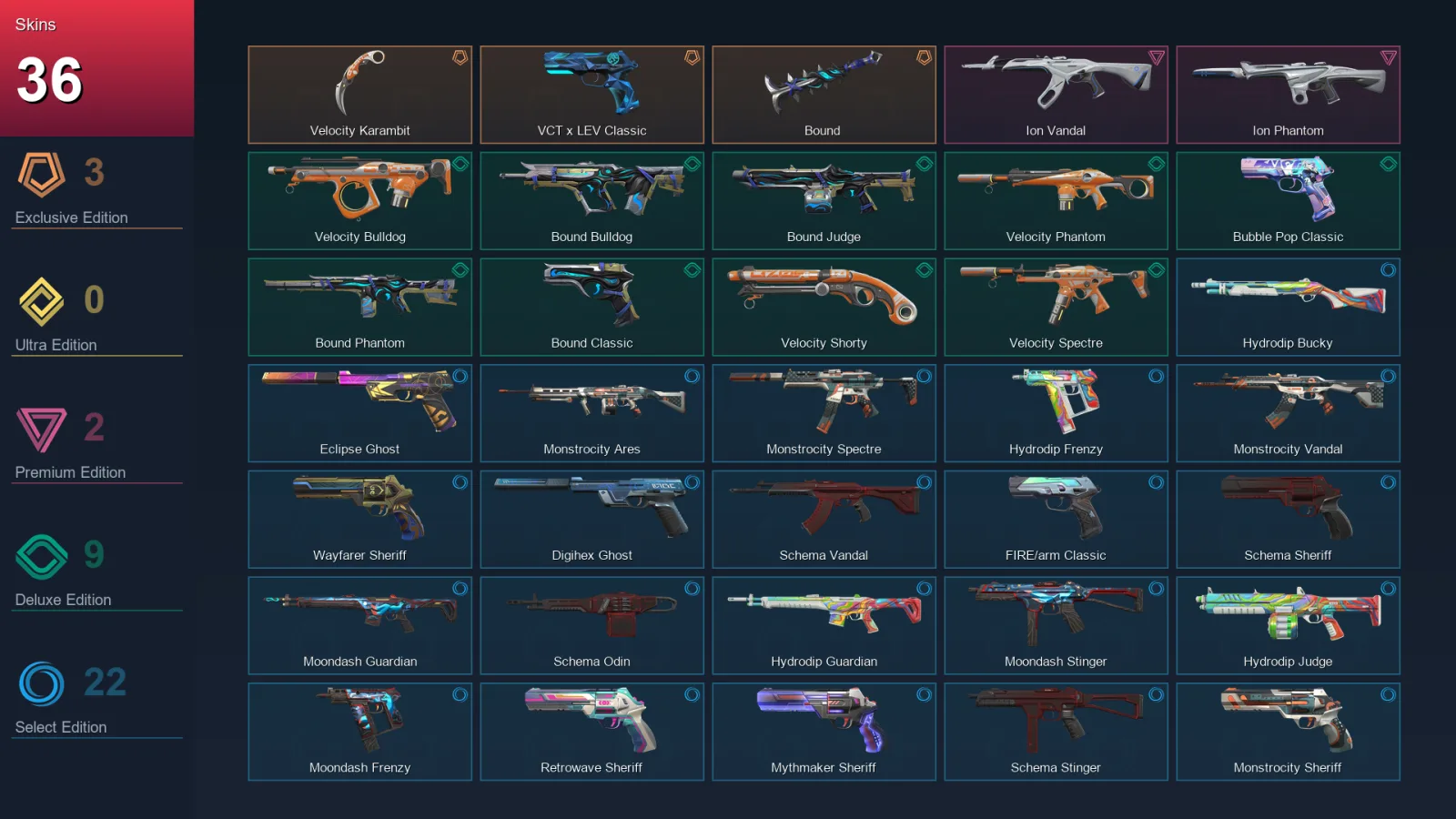 AP | Velocity Karambit | VCT x LEV Classic | Bound | Ion Vandal | 36 Skin | 27 Agent | 95 Buddy | Lv166