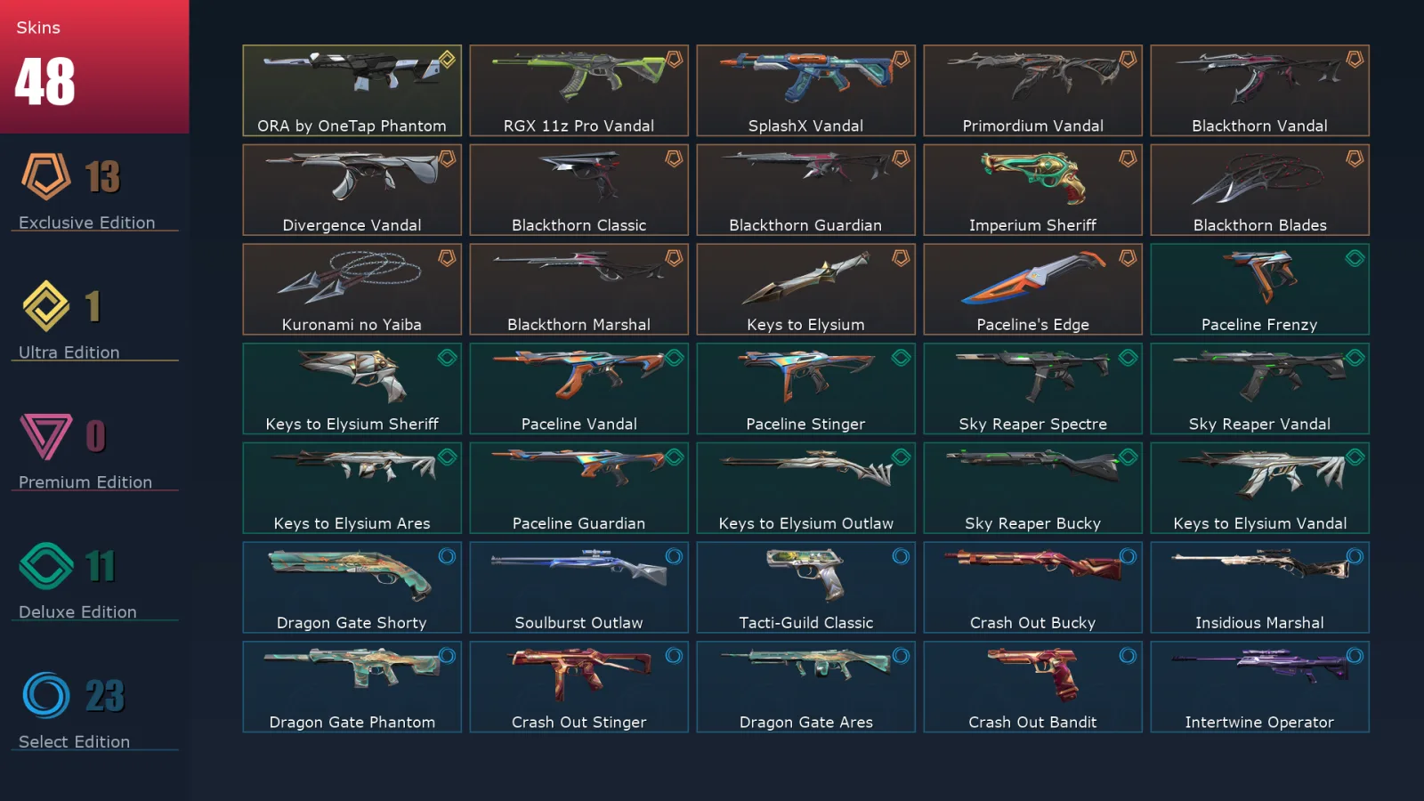 [Valorant] | EU | Level 64 | Diamond 1 | 11 Agents | 48 Skins