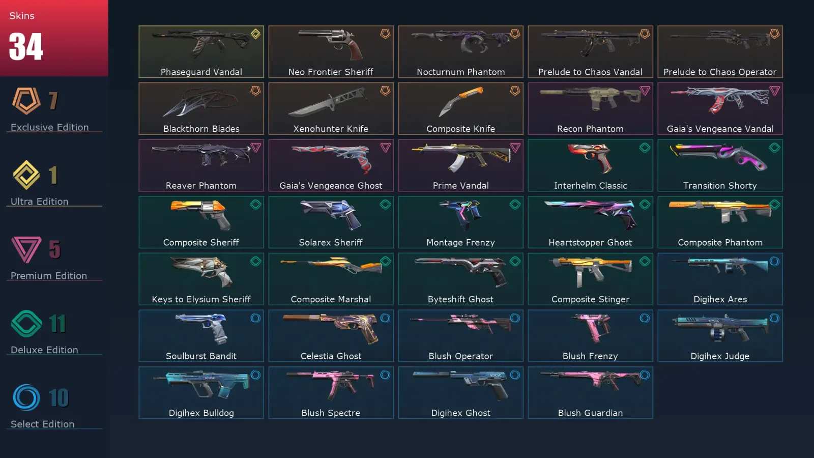 [Valorant] | EU | Level 212 | Silver 3 | 29 Agents | 34 Skins