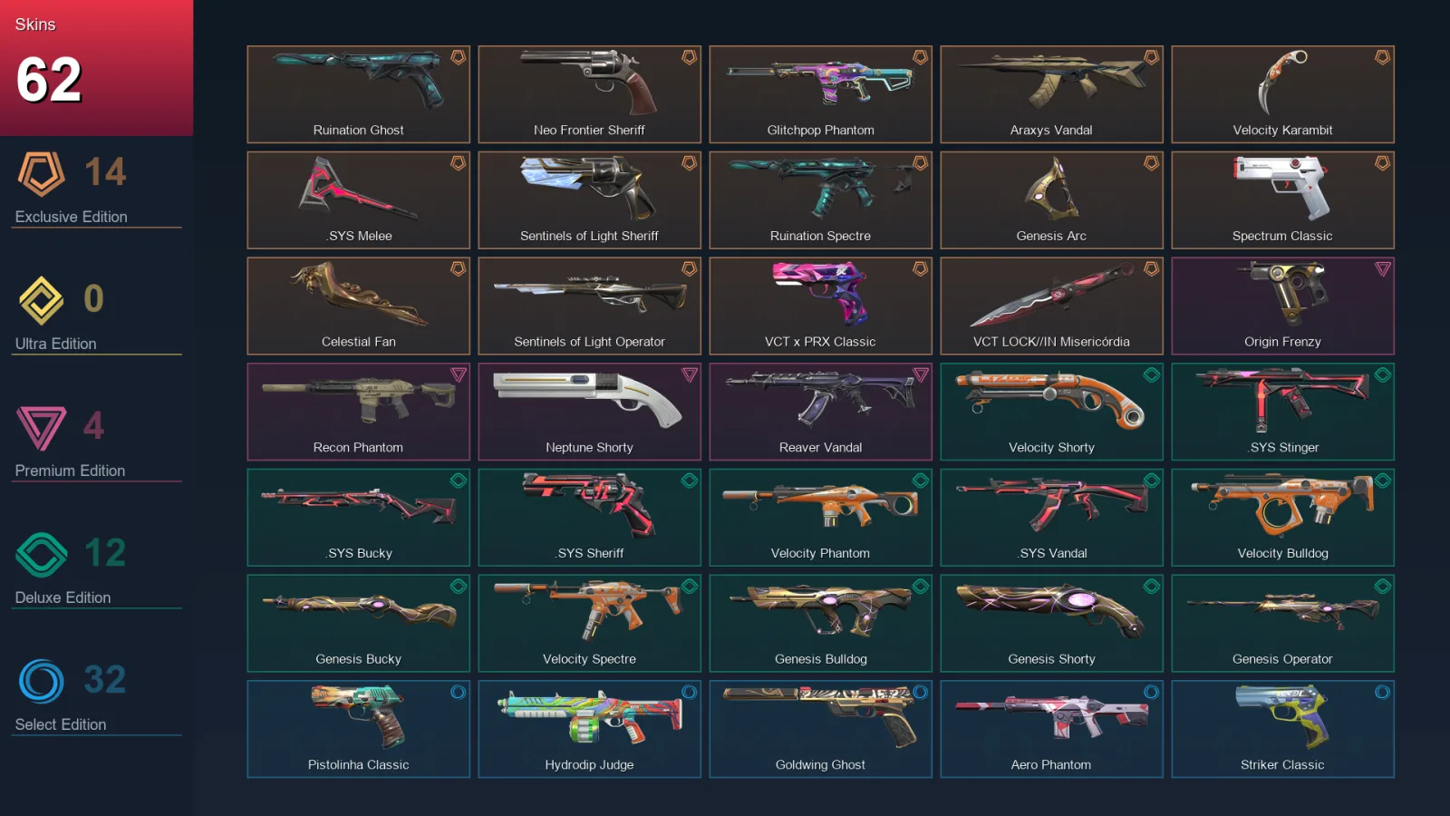 AP | Lv170 | Unranked | 62 Skin | 28 Agent | 83 Buddy