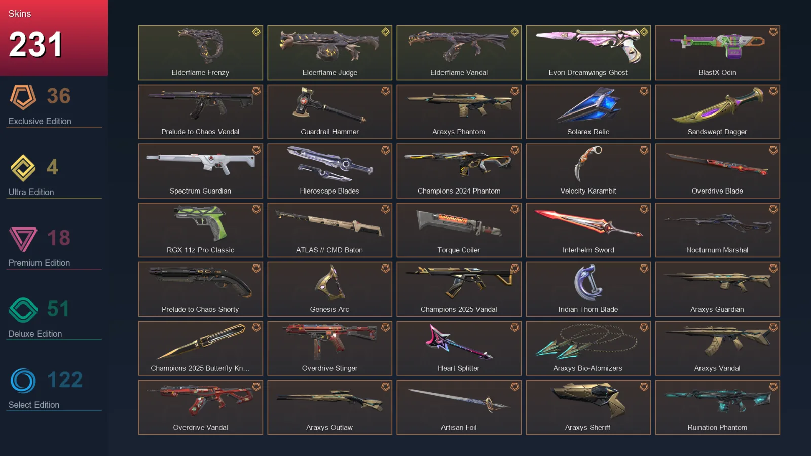 EU | Lv401 | Unranked | 231 Skin | 28 Agent | 222 Buddy — Radiant Crisis 001 Spectre