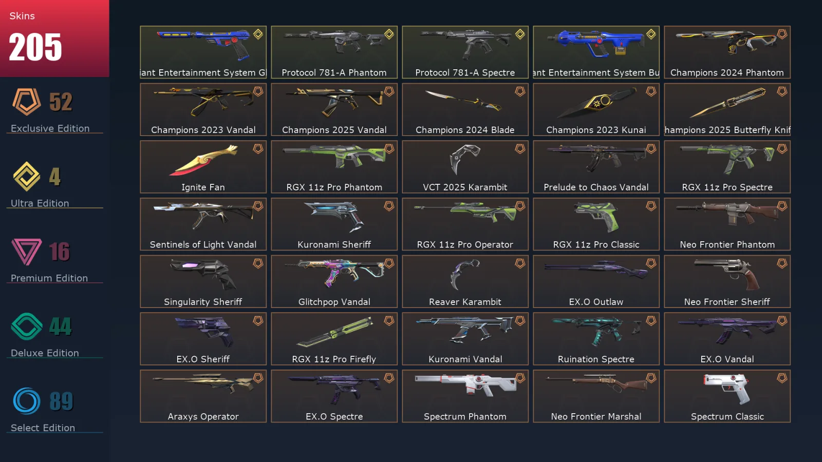 [Valorant] | EU | Level 350 | Platinum 3 | 29 Agents | 205 Skins