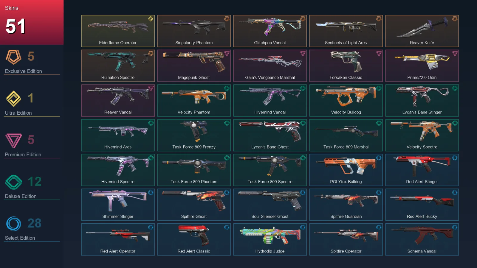 NA | Singularity Phantom | Glitchpop Vandal | Sentinels of Light Ares | Reaver Knife | 51 Skin | 20 Agent | 59 Buddy | Lv78