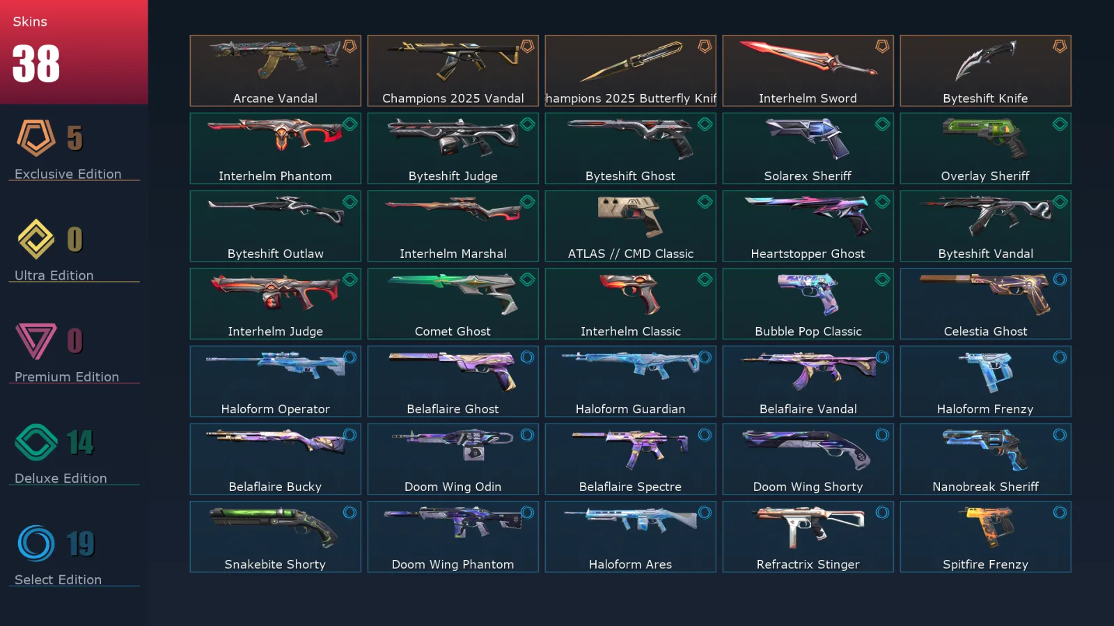 [Valorant] | EU | Level 188 | 28 Agents | 38 Skins
