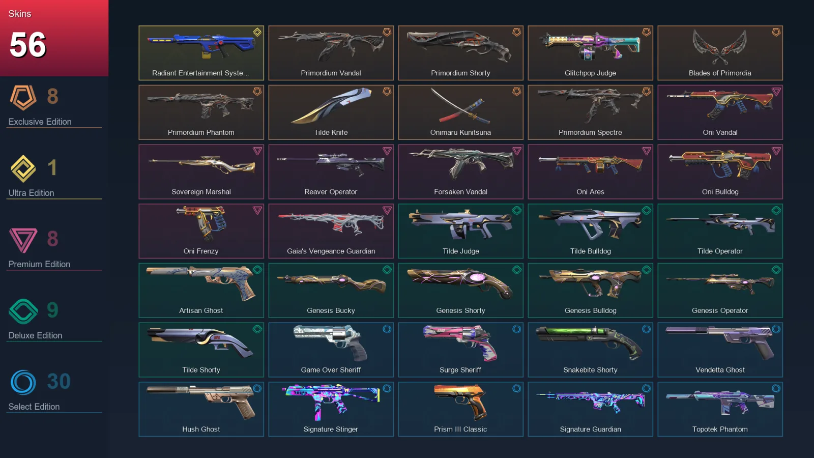 AP | Lv210 | Unranked | 56 Skin | 26 Agent | 104 Buddy — Radiant Entertainment System Phantom