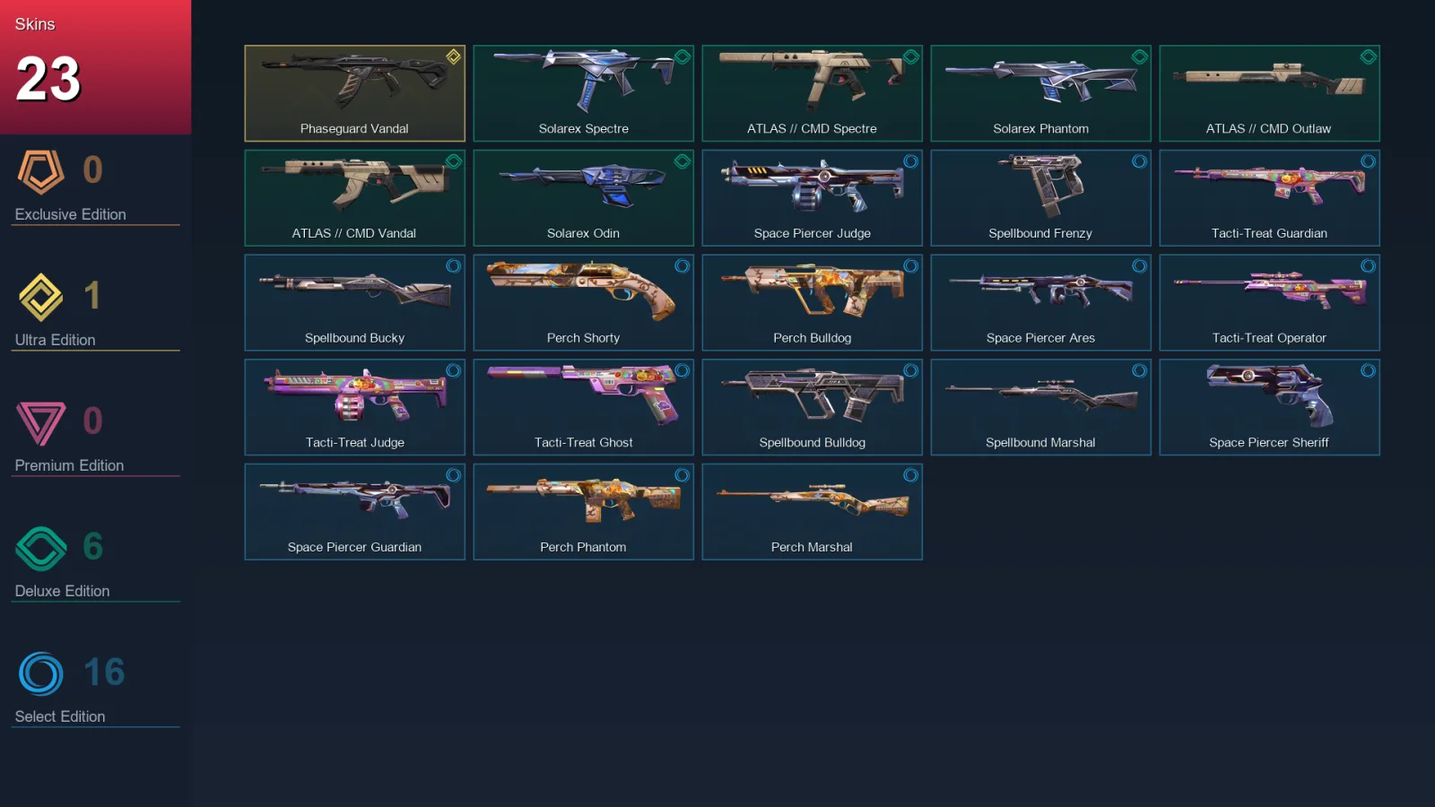 AP | Phaseguard Vandal | Solarex Spectre | ATLAS // CMD Spectre | Solarex Phantom | 23 Skin | 12 Agent | 24 Buddy | Lv33