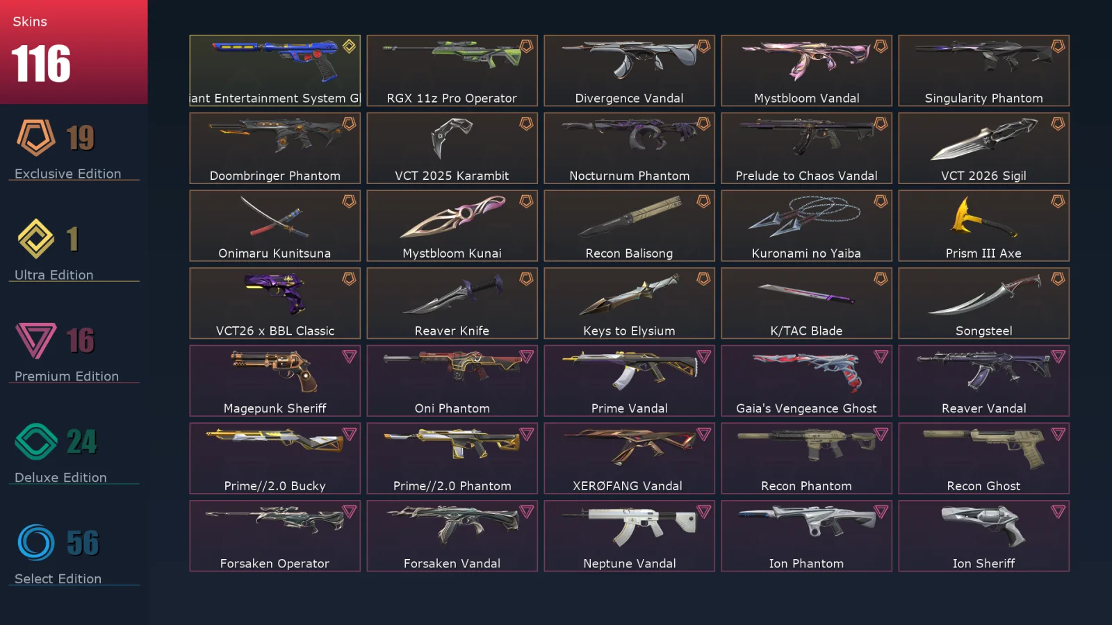 [Valorant] | EU | Level 482 | Diamond 3 | 29 Agents | 116 Skins