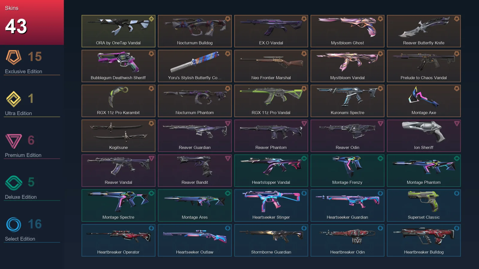 EU | Lv52 | Unranked | 43 Skin | 15 Agent | 23 Buddy — Heartbreaker Operator