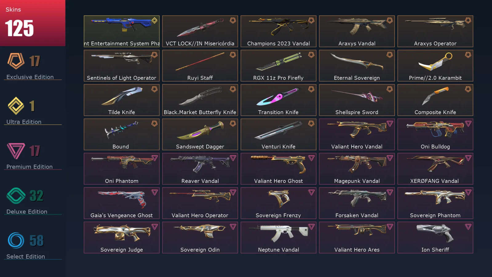[Valorant] | EU | Level 301 | Diamond 2 | 29 Agents | 125 Skins