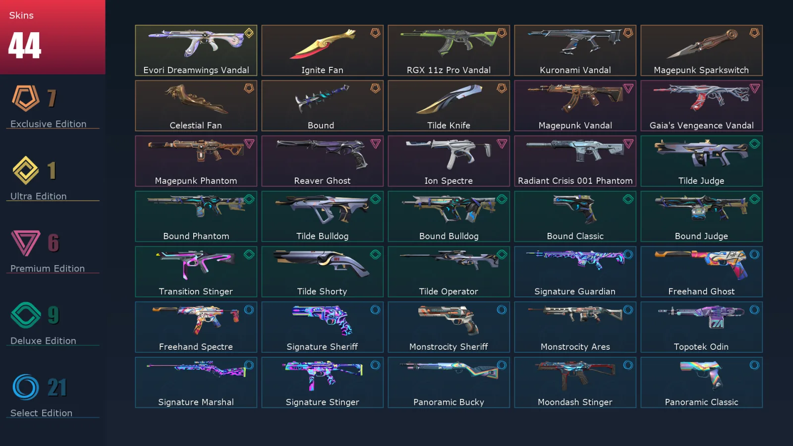 [Valorant] | EU | Level 78 | Platinum 3 | 19 Agents | 44 Skins