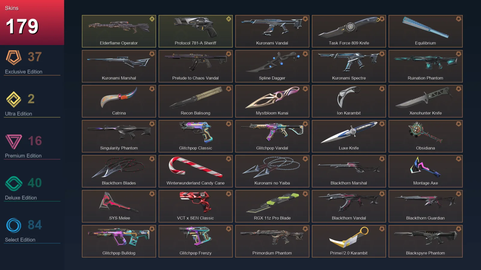 NA | Kuronami Vandal | Task Force 809 Knife | Equilibrium | Kuronami Marshal | 179 Skin | 29 Agent | 136 Buddy | Lv148
