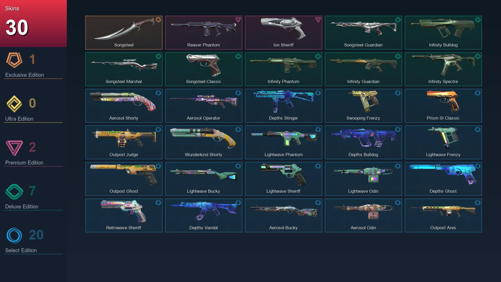 AP | Songsteel | Reaver Phantom | Ion Sheriff | Songsteel Guardian | 30 Skin | 25 Agent | 60 Buddy | Lv105