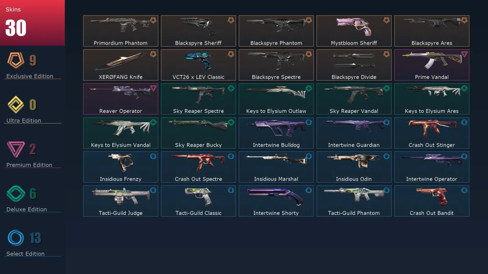 [Valorant] | EU | Level 32 | Platinum 3 | 10 Agents | 30 Skins