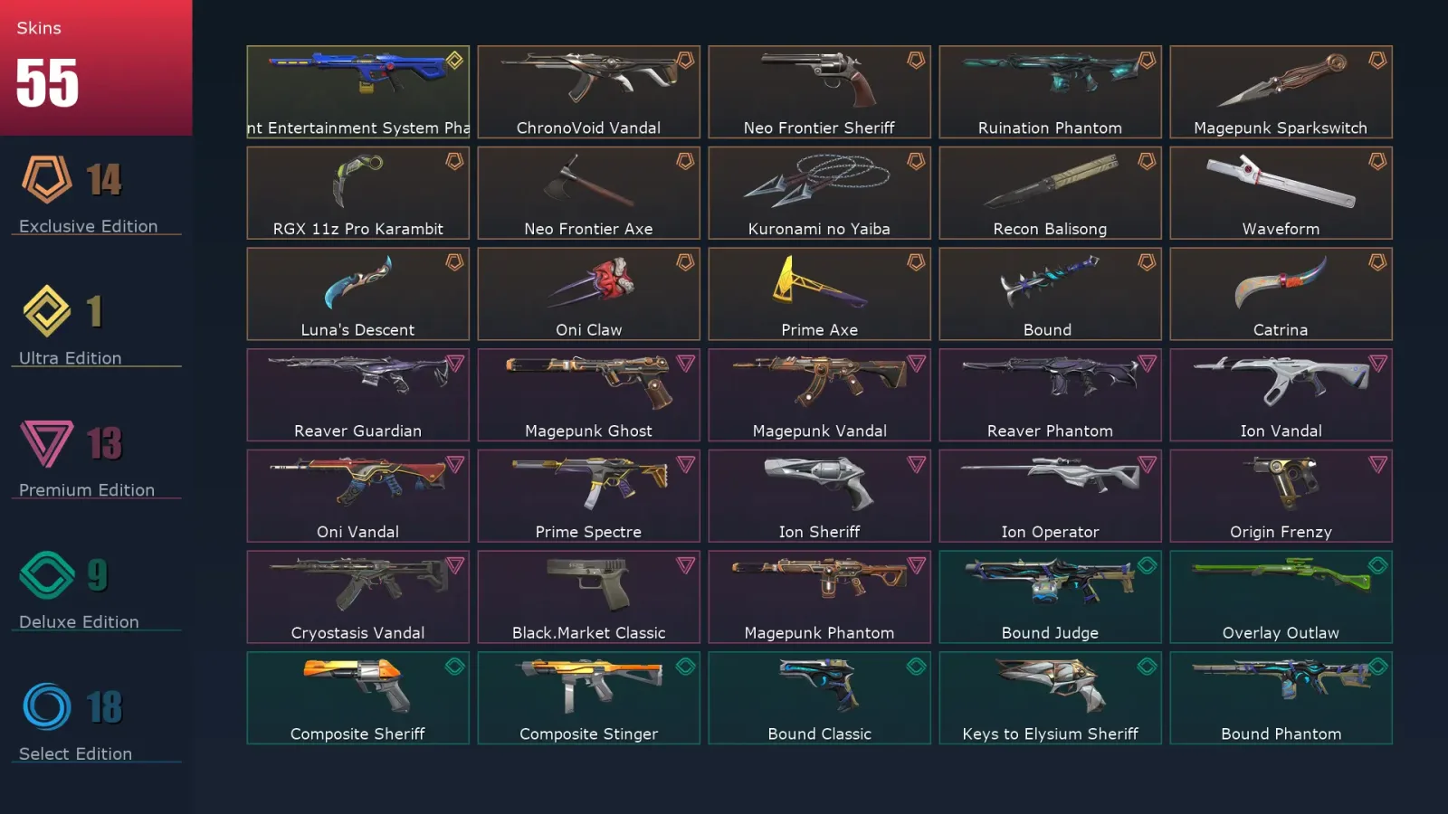 [Valorant] | EU | Level 61 | Gold 3 | 22 Agents | 55 Skins